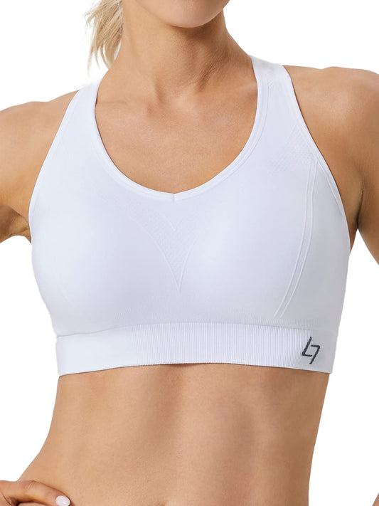 FITTIN Racerback Sports Bras for Women - Padded Seamless High Impact Support for Yoga Gym Workout Fitness White M