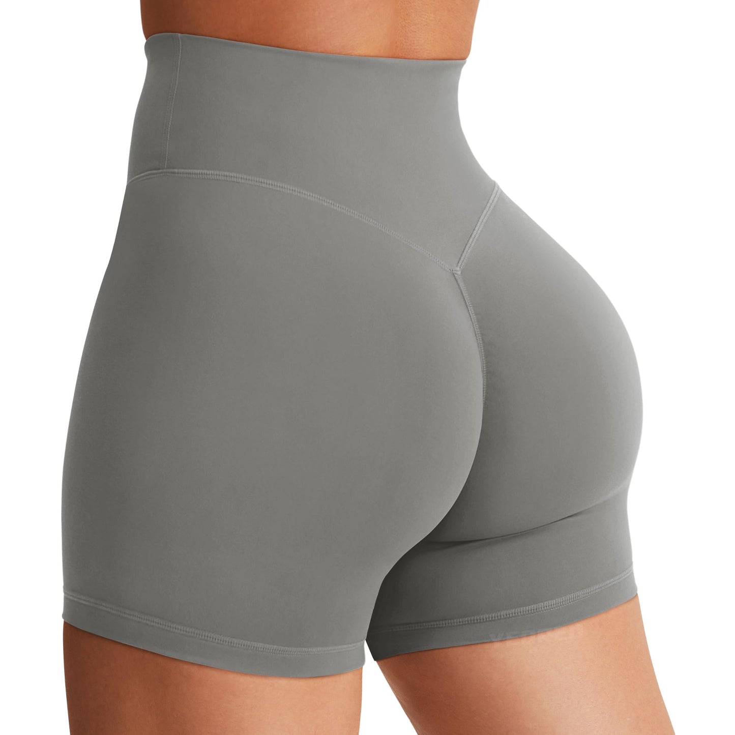 YEOREO Women's Biker Shorts 4.5" / 6" Workout Gym Shorts Craze High Waist Tummy Control Hidden Scrunch Running Yoga Shorts Light Grey