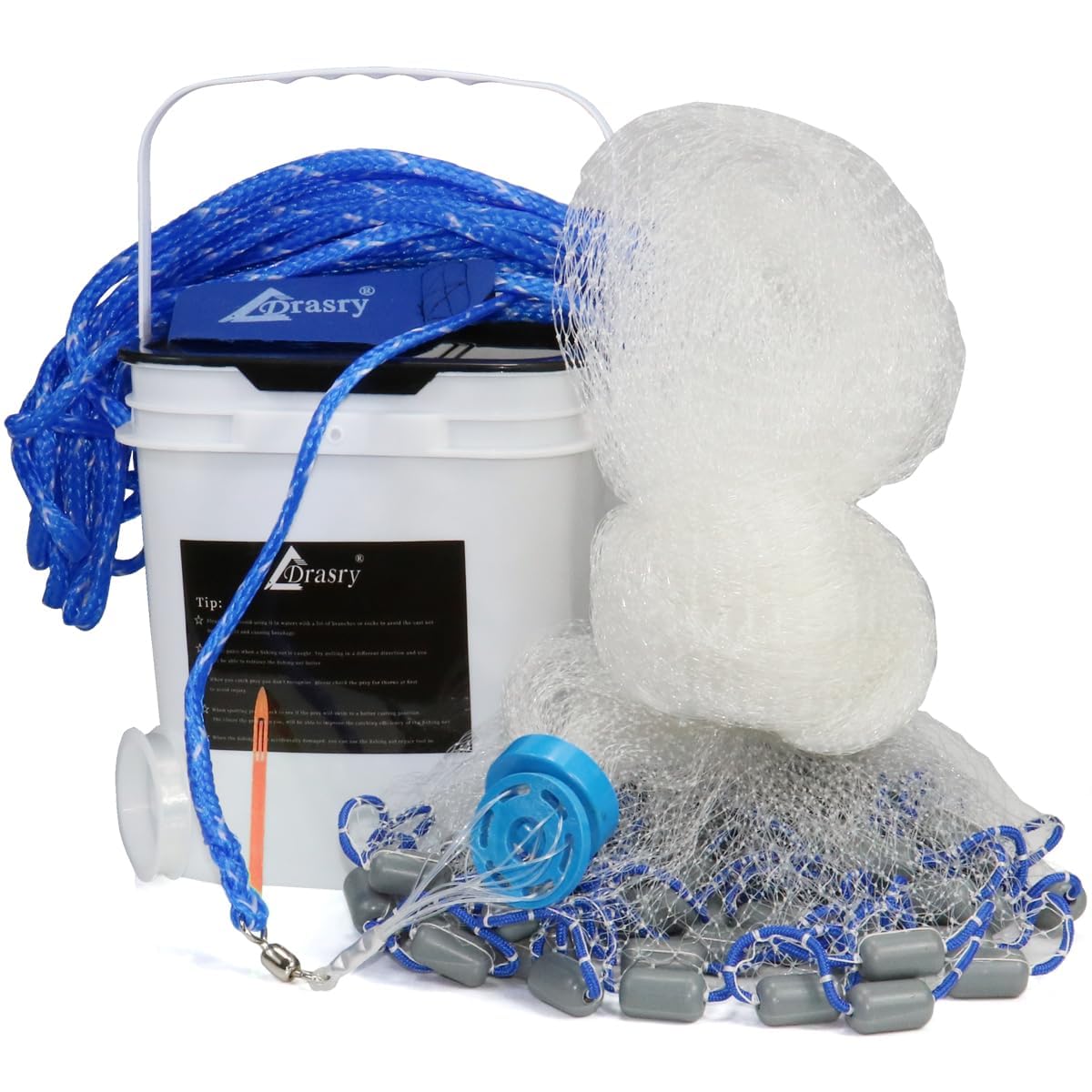 Drasry Saltwater Fishing Cast Net 3/8 and 1/4 Mesh with Heavy Duty Gray Sinker American Monofilament Fish Throw Net for Bait Trap 3FT 4FT 5FT 6FT 7FT 8FT 9FT Radius 3/8, 4FT Radius /120cm