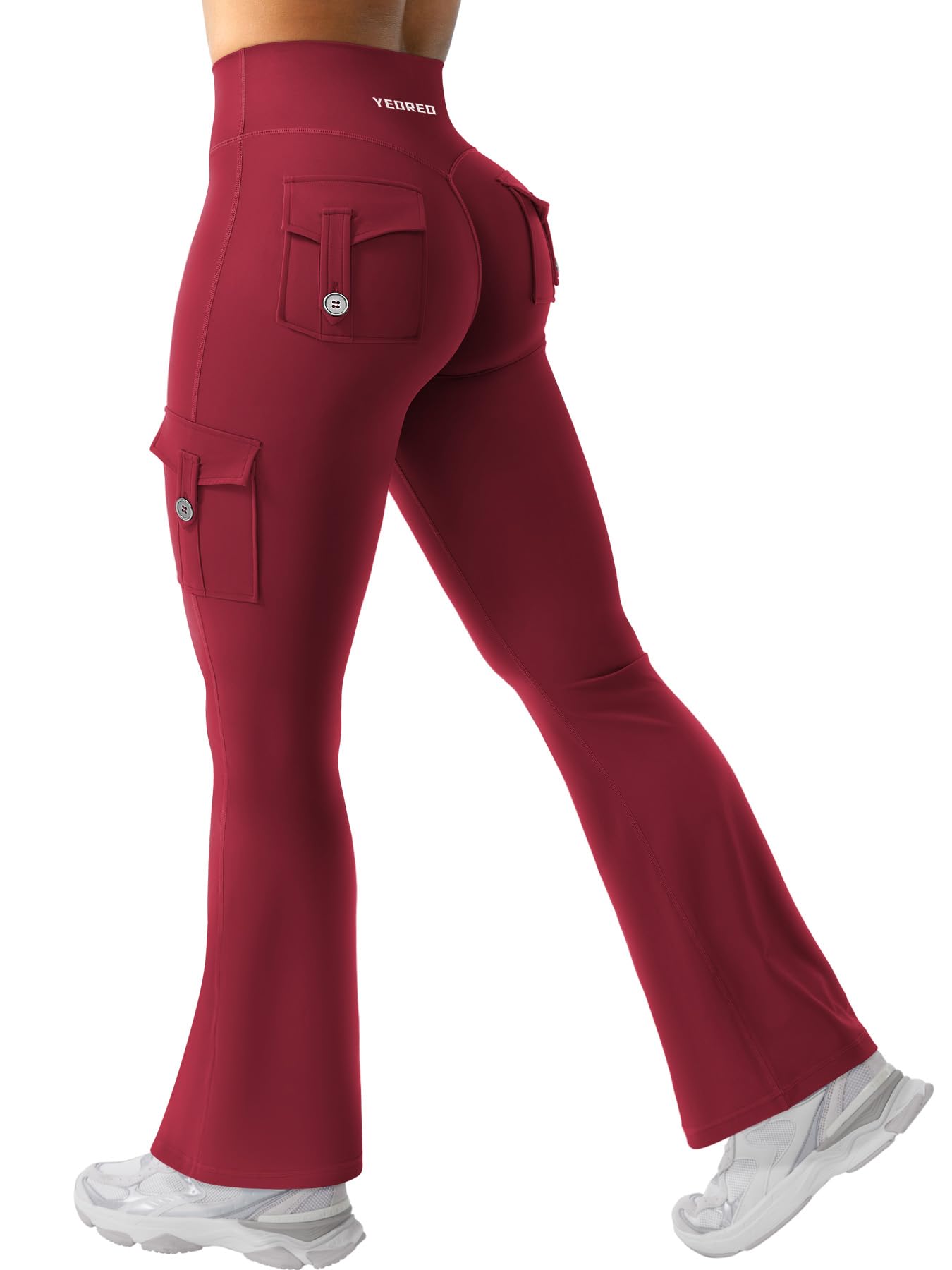 YEOREO CoreFlex Women Workout Flare Leggings with Pockets Scrunch Cargo Gym Yoga Leggings Wine S