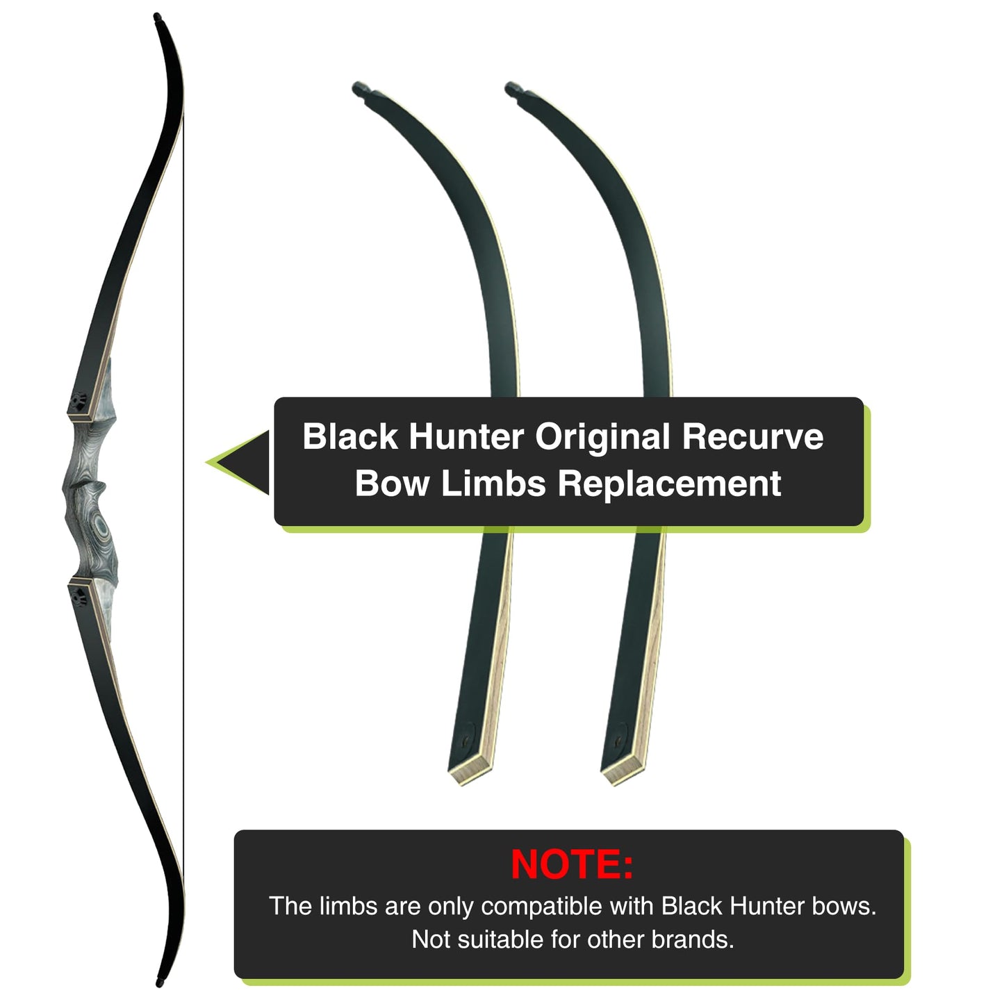 Black Hunter Original Recurve Bow Limbs Replacement, GLURAK 50lb Fiberglass and Bamboo Sheet Laminated Bow Limbs
