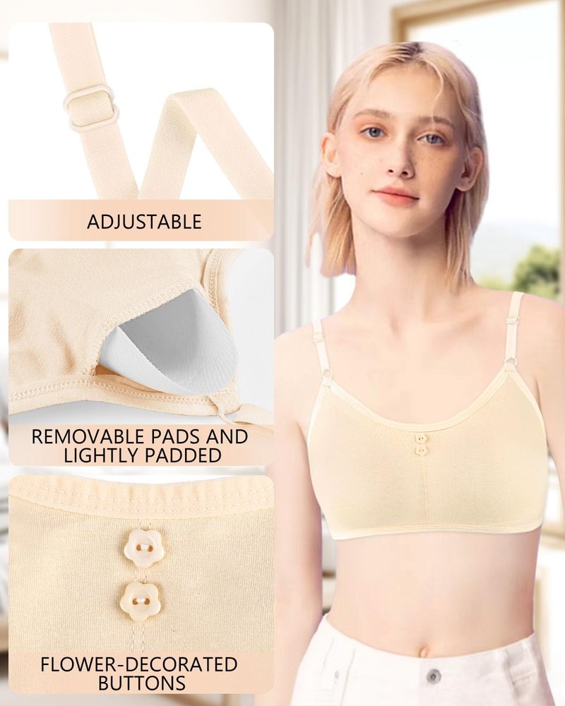 Nubofy Girls Training Bra Teen Bras Everyday Big Kids Padded Bra 8-10 10-12 12-14 14-16 Years Old Pull-on with Adjustable Straps - 5 Packs