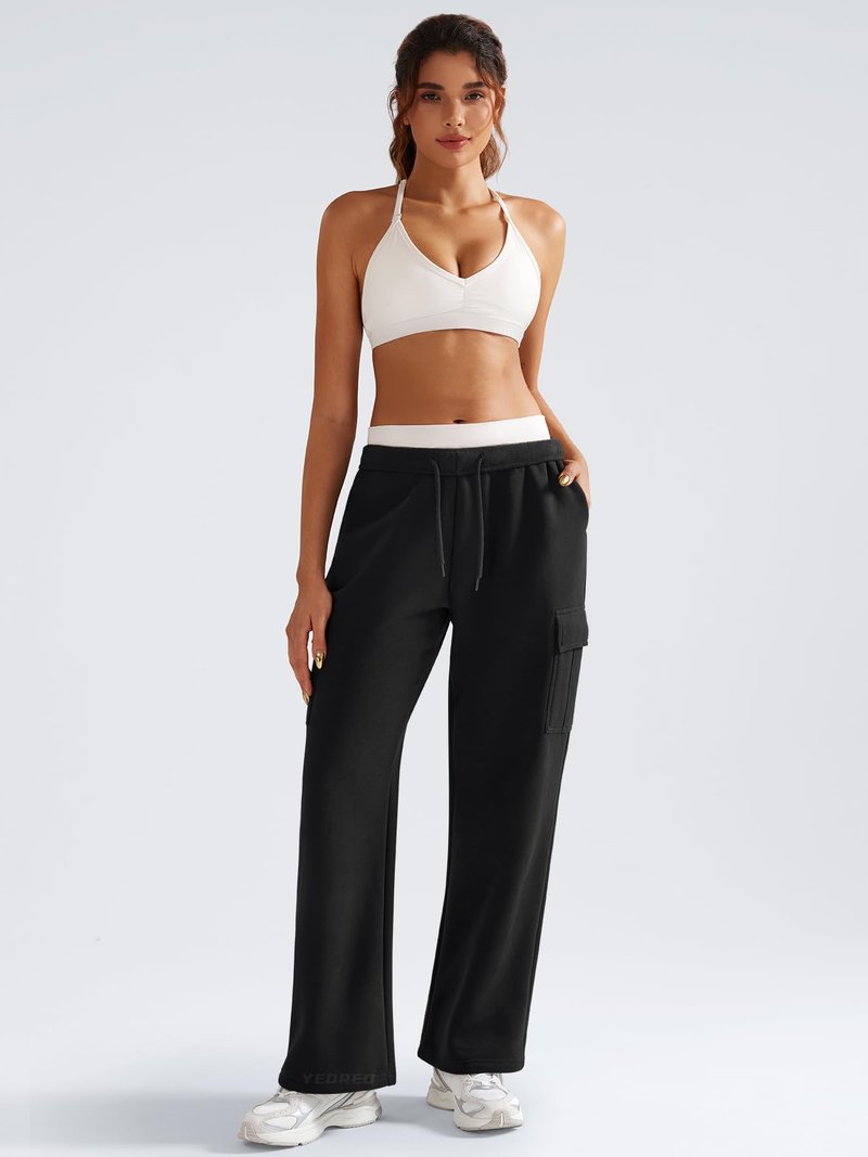 YEOREO Sweatpants Womens Cargo Pants Fleece Lined Wide Leg Joggers Baggy Drawstring Nairi Sweat Pants with Pockets Black S