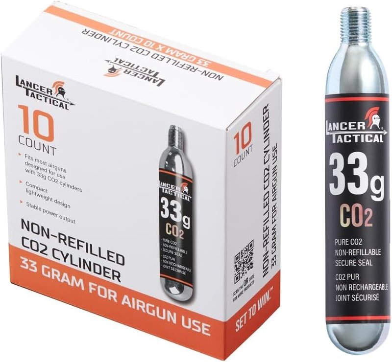 Lancer Tactical 33g CO2 Cartridges - 10 Pack for Airsoft & Airguns | Compatible with Life Jackets & Vests