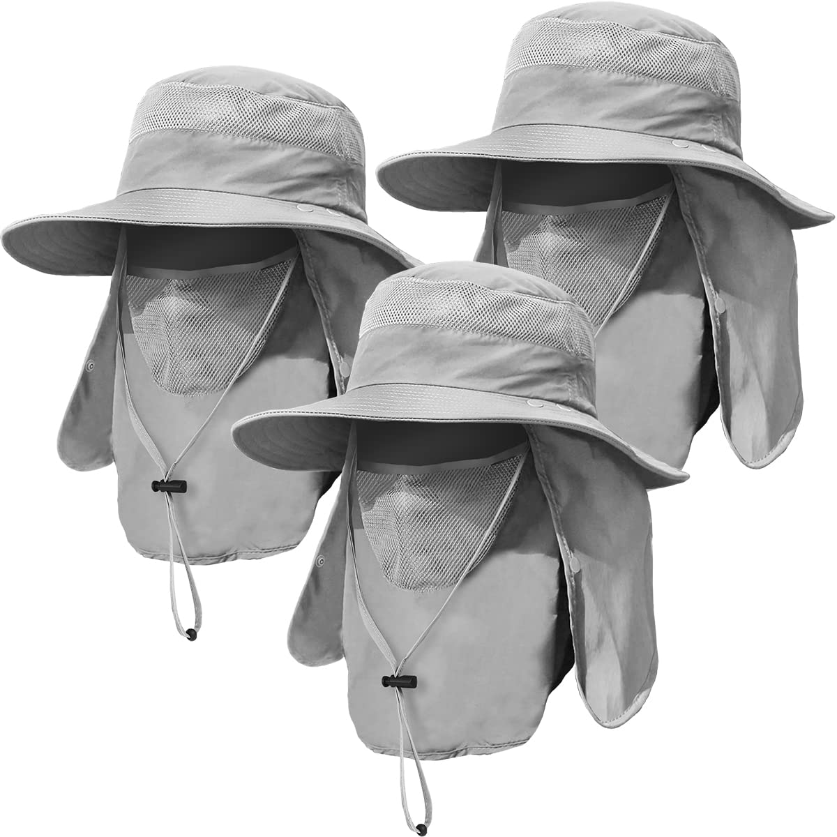 3 Pack Mens Outdoor Wide Brim Fishing Hat,UPF 50+ Sun Protection Cap with Face Neck Flap for Hiking & Garden (3 Pack-Light Grey)