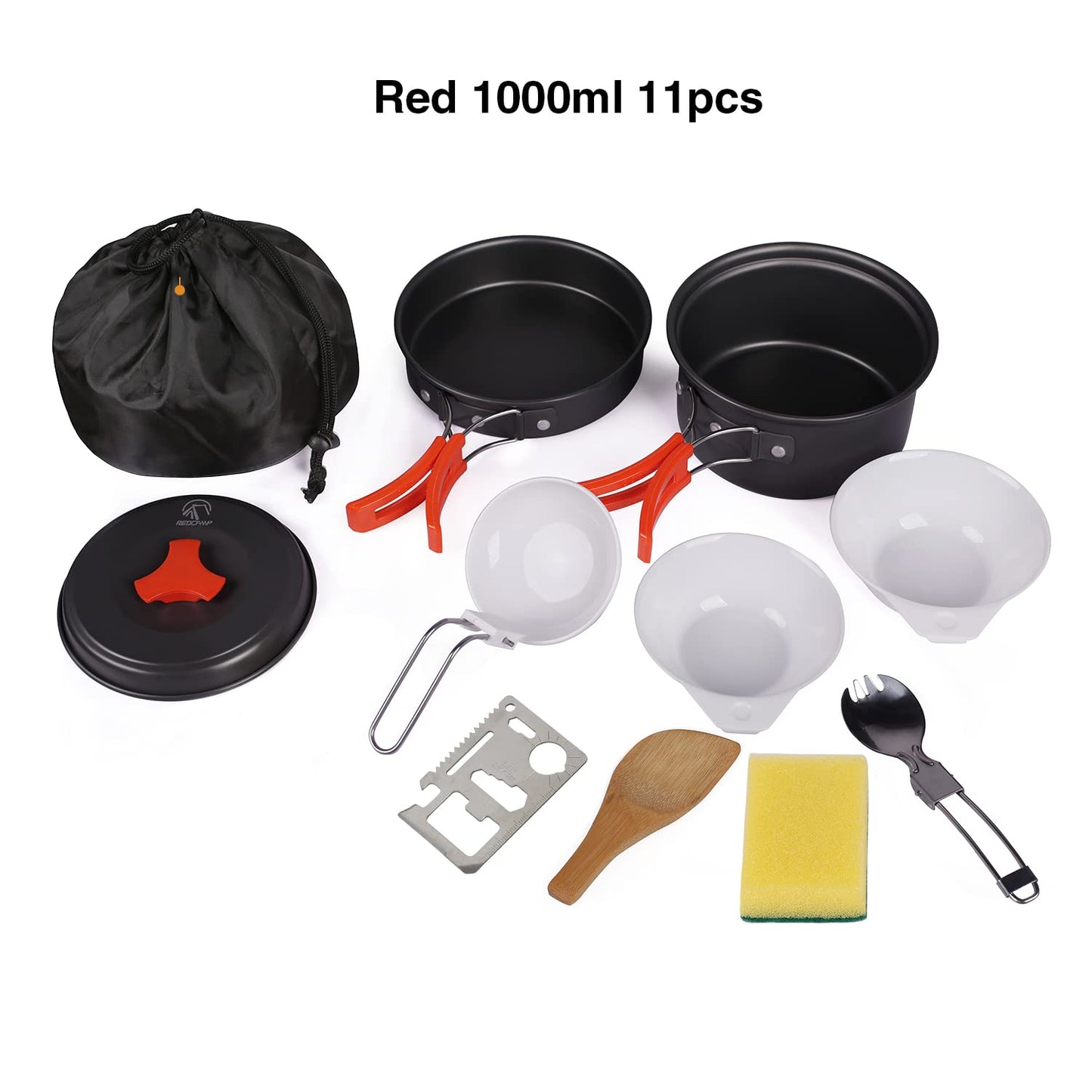 REDCAMP 11 PCS Camping Cookware Mess Kit, 800ml (28oz) Backpacking Camping Pot+Pan Set, Lightweight and Compact Cookware for Hiking, Picnic and Camping