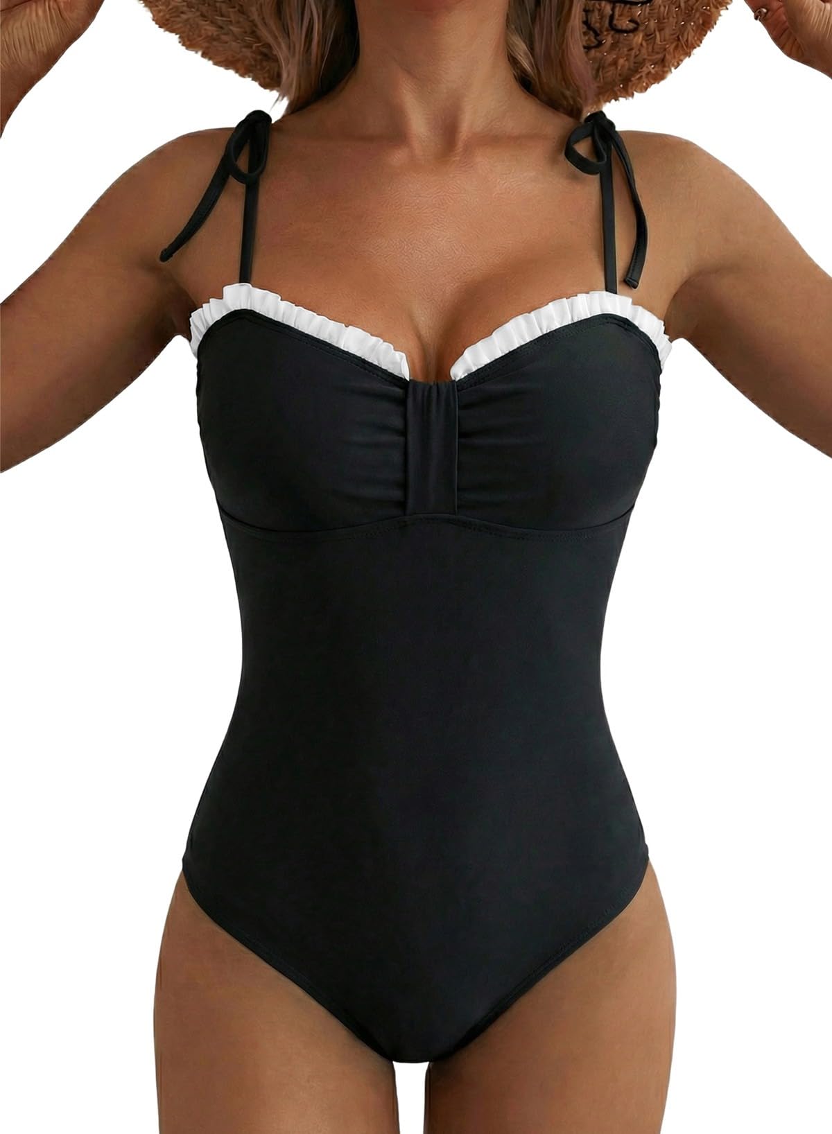 Herseas Womens High Cut One Piece Swimsuit Sweetheart Neck Ruffled Trim Wire Free Adjustable Lace Up Straps Tummy Control Bathing Suits Cute Resort Beachwear Black Medium