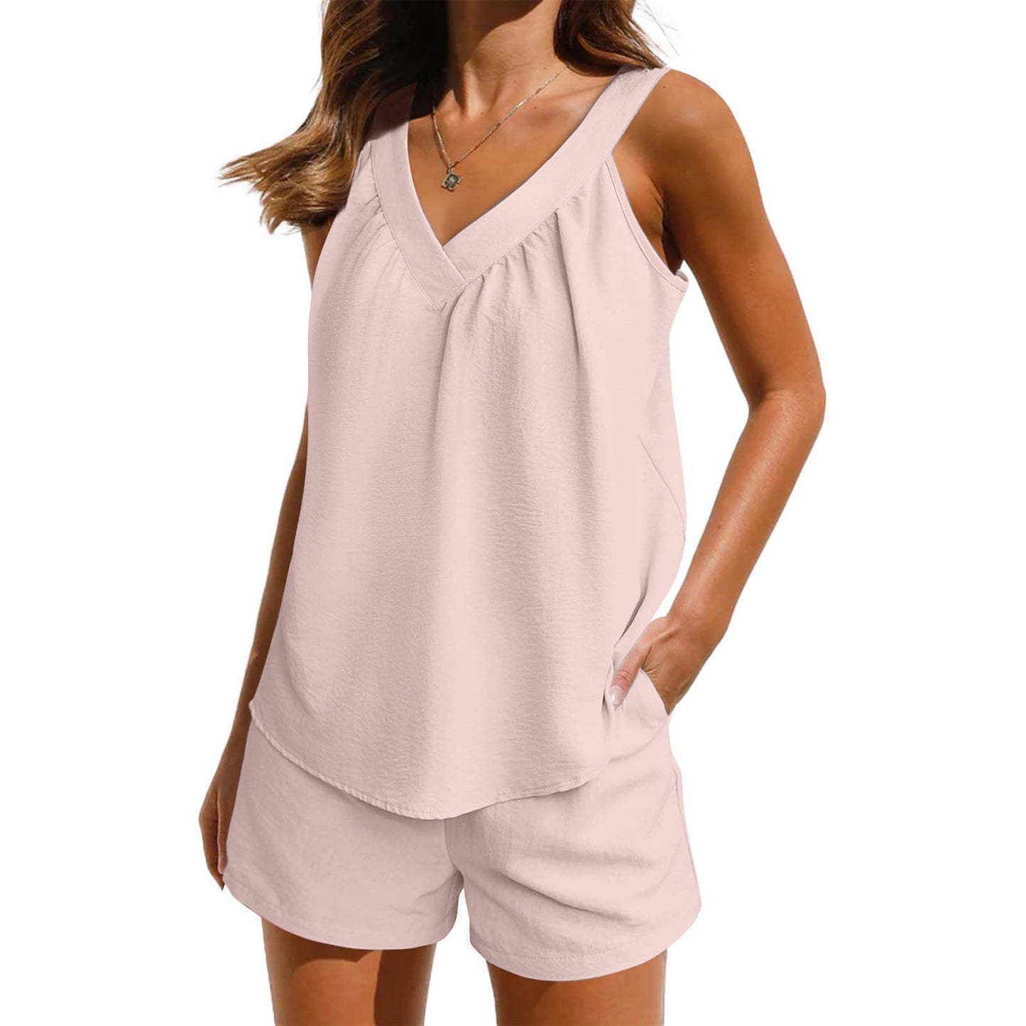 YAFINMO Deals of The Day Lounge Sets for Women 2 Piece Pajama Outfits V Neck Tank Top and Shorts with Pockets Sleepwear Vacation Set My Orders Pink