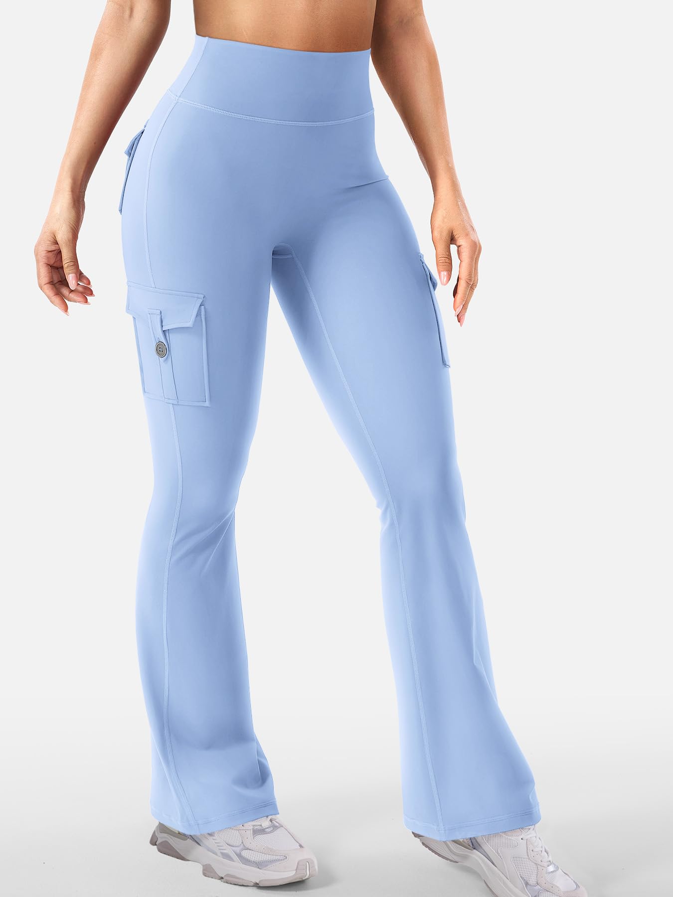 YEOREO CoreFlex Women Workout Flare Leggings with Pockets Hidden Scrunch High Waisted Cargo Gym Yoga No Front Seam Leggings Light Blue S