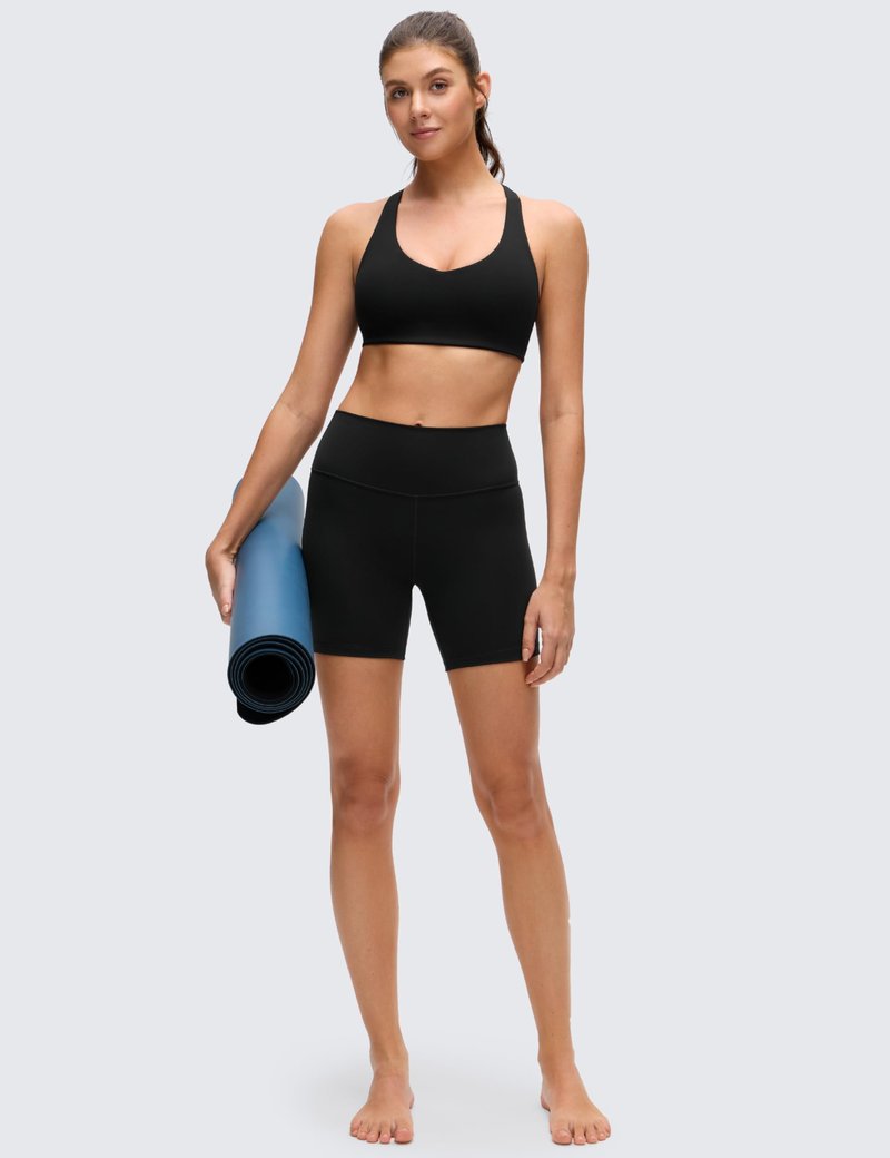CRZ YOGA Butterluxe Racerback Sports Bras for Women - V Neck Supportive Padded Wireless Athletic Yoga Crop Top Black Medium