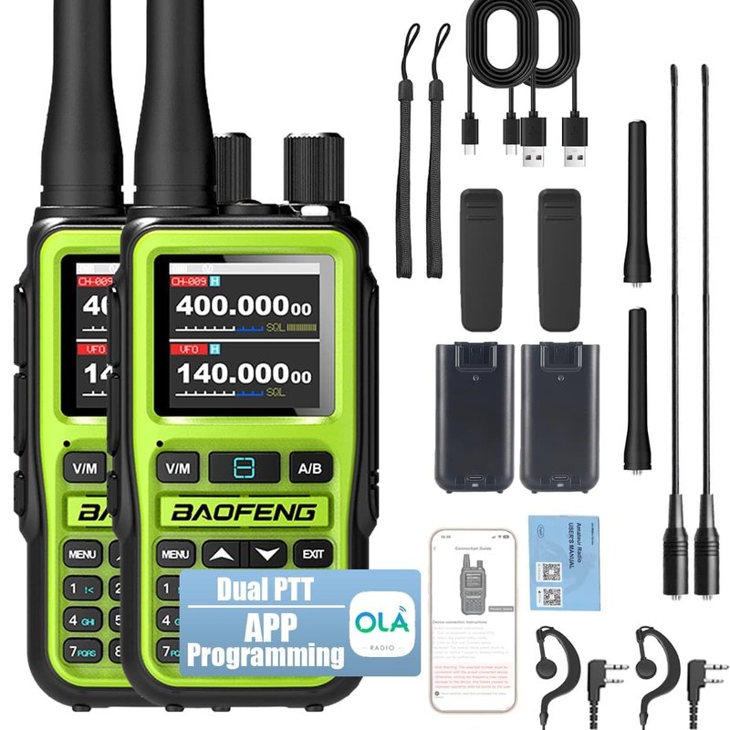 BAOFENG UV-5R Mini Ham Radio Long Range Handheld Two Way Radio, Bluetooth APP Programming Walkie Talkies 2 Pack, 999CH One-Key Copy Frequency, NOAA Weather, USB-C Charging, Dual-Band, Green
