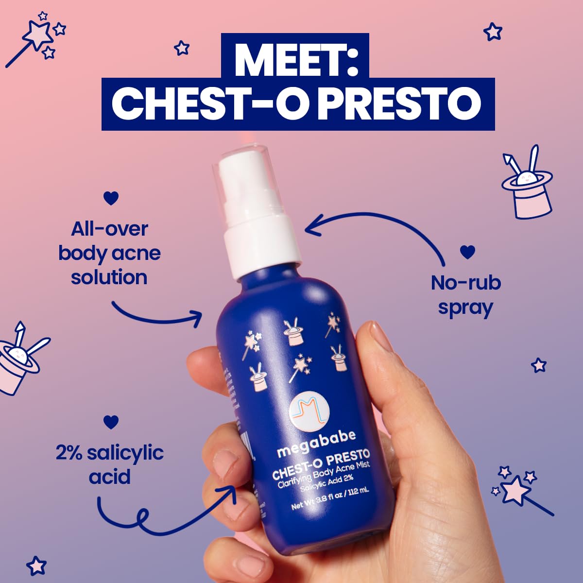 Megababe Chest-o Presto | Clarifying Body Acne Mist | Benzoyl Peroxide Free | 3.8 fl oz
