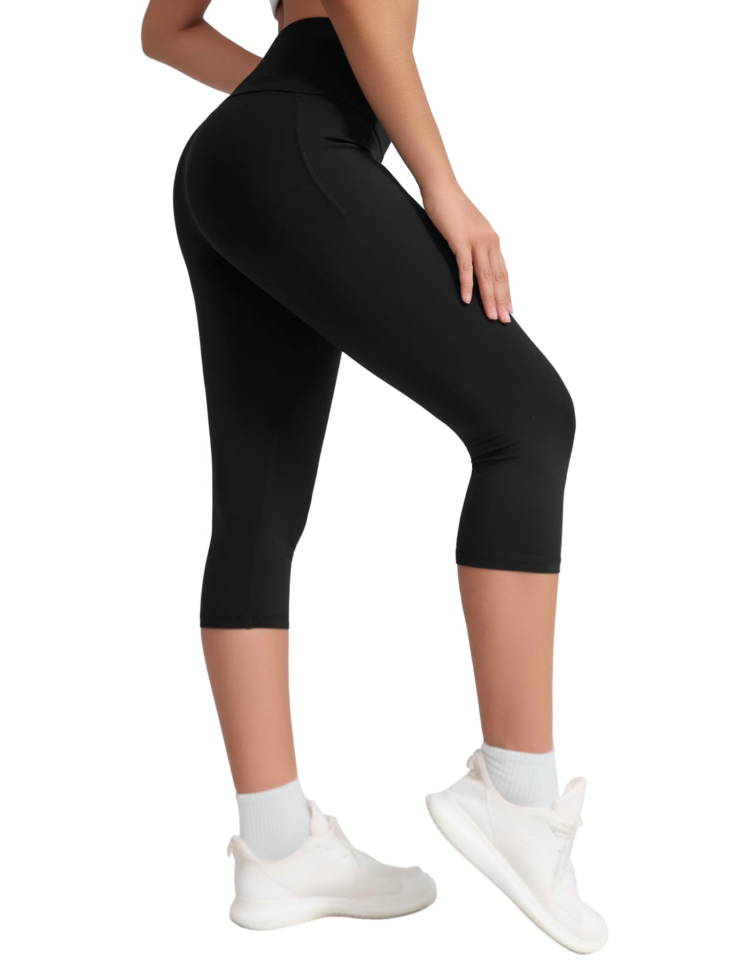 THE GYM PEOPLE Women's High Waist Workout Legging Soft Tummy Control Squat Proof Yoga Running Pants Capris Black