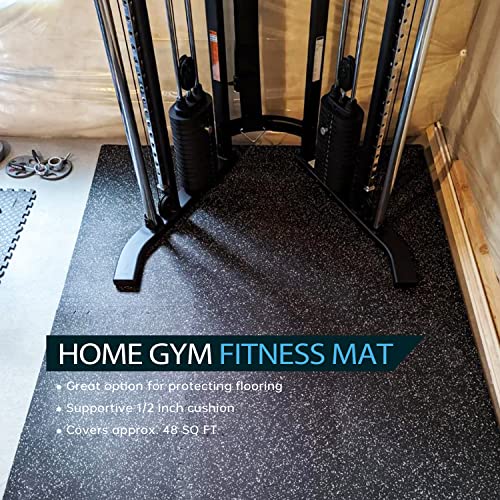 0.56 Inch Thick Gym Flooring for Home Gym with Rubber Top - 24 Sq Ft Interlocking Gym Floor Tiles - Workout Equipment Vibration Reduction Mats - 6 Pcs 24 x 24in Tile, Black & White