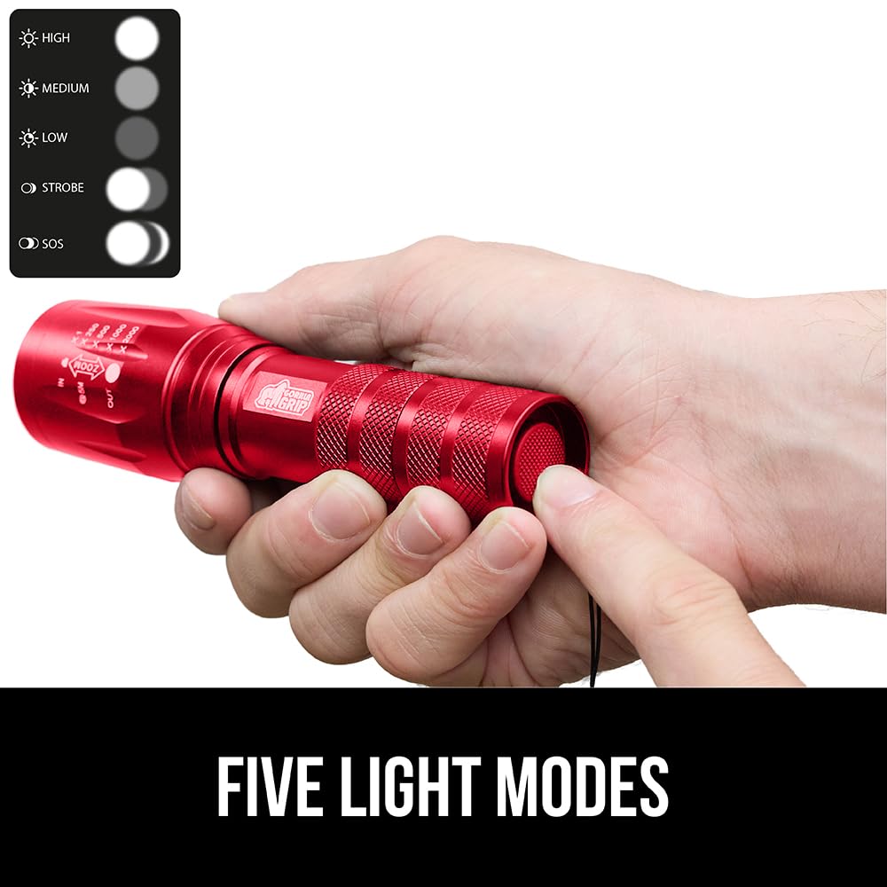 GORILLA GRIP Powerful LED Tactical Flashlight, 750 FT High Lumens 5 Adjustable Modes, Water Resistant, Ultra Bright Zoom Flashlights, Small Mini Flash Light, Camping, Night Dog Walking, Red