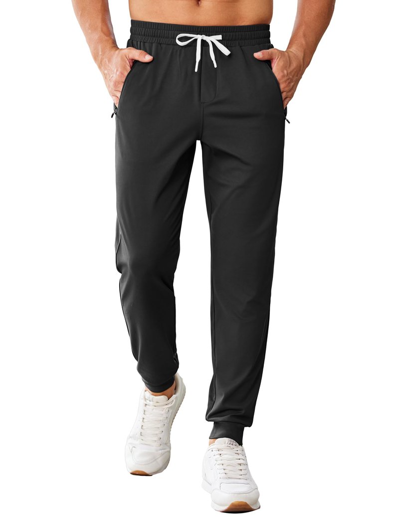 PINSPARK Men's Joggers with Zipper Pockets Stretch Lightweight Athletic Track Pants Gym Quick Dry Workout Pants for Men Black Medium