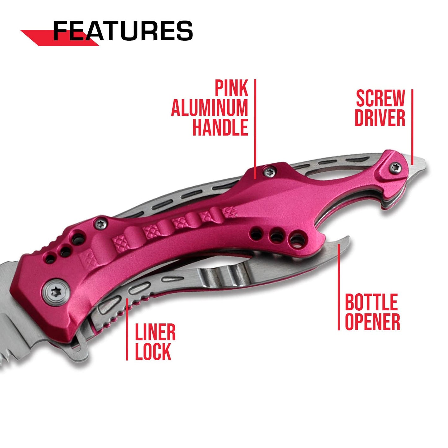 TAC FORCE Spring Assisted Folding Pocket Knife – Black Stainless Steel Blade with Pink Aluminum Handle, Bottle Opener, Glass Punch and Pocket Clip, Tactical, EDC, Rescue - TF-705RD