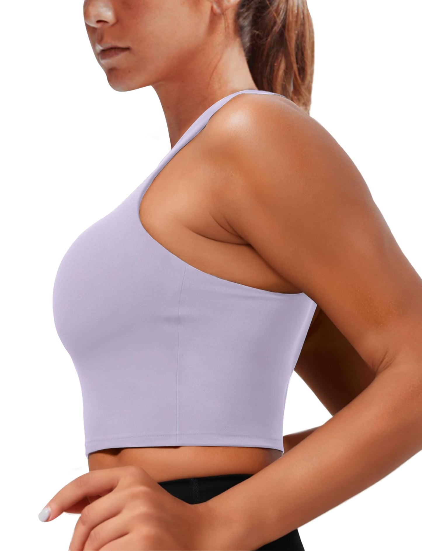 YHOZUM Sports Bras for Women with Support, High Neck Double Lined Padded Crop Tank Tops, Workout Push Up Compression Bralettes with Built Seamless, Cute Pull Over Gym Athletic Bras Molded Cup Purple