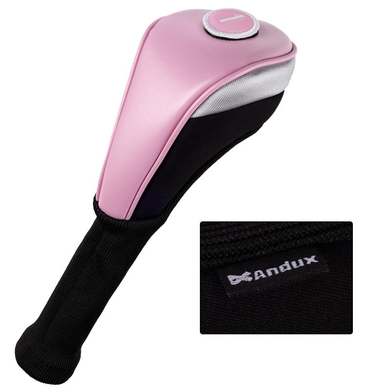 Andux 3pcs/Set PU Golf Wood Club Head Covers 460cc Driver Covers with Long Neck Pink
