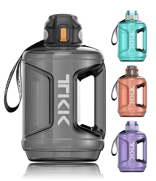 TKK Half Gallon Water Bottle Jug with Straw Time Marker Big Water Bottle Dishwasher Safe 1/2 Gallon 64 Oz Water Bottle Jug BPA Free Tritan for Gym Yoga Travel Camping Outdoor，Black