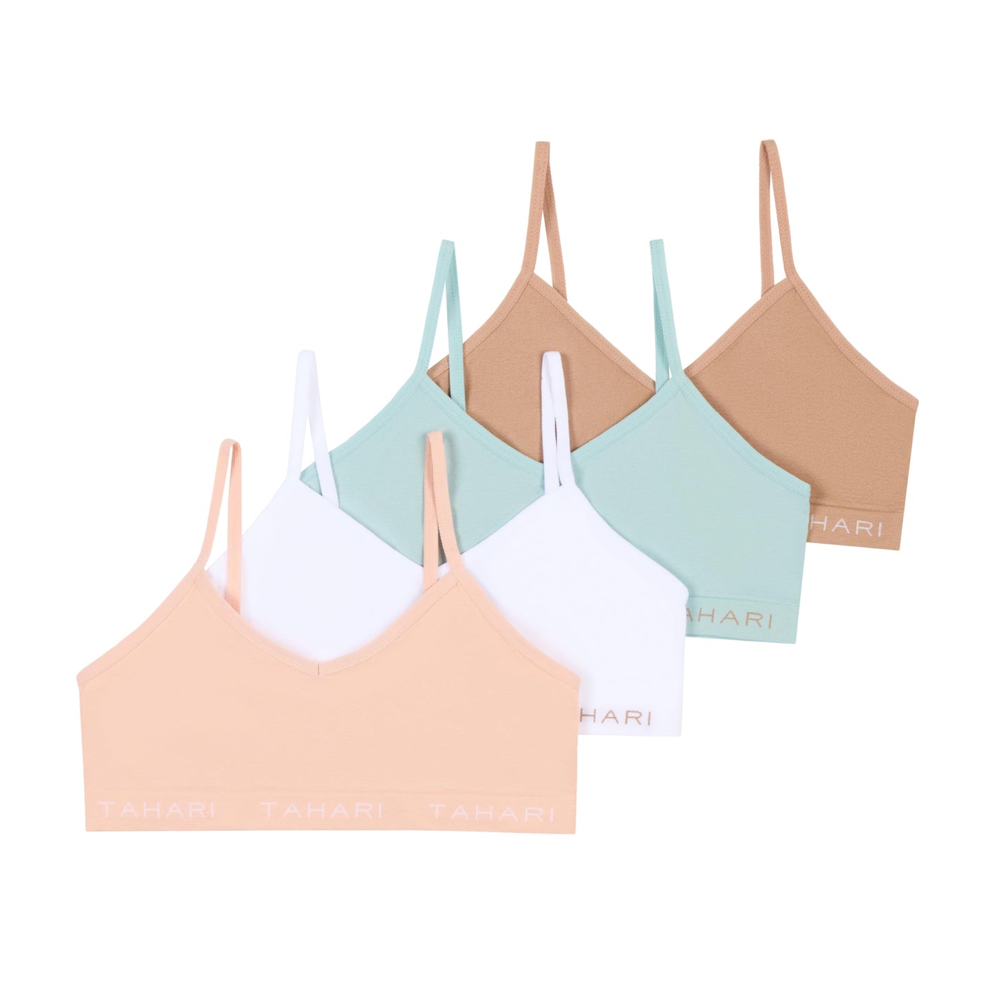 Tahari Girls Training Bra 4-Pack Bralette Set Taupe, Light Blue, White, Blush, Medium
