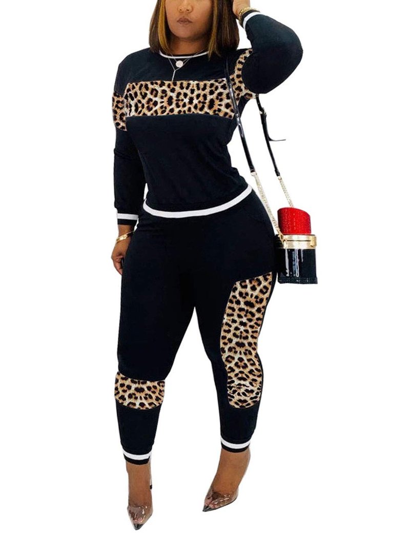 Alunzoem Womens Casual 2 Piece Outfits, Leopard Print Long Sleeve Top Pants Set Tracksuits Black XXL