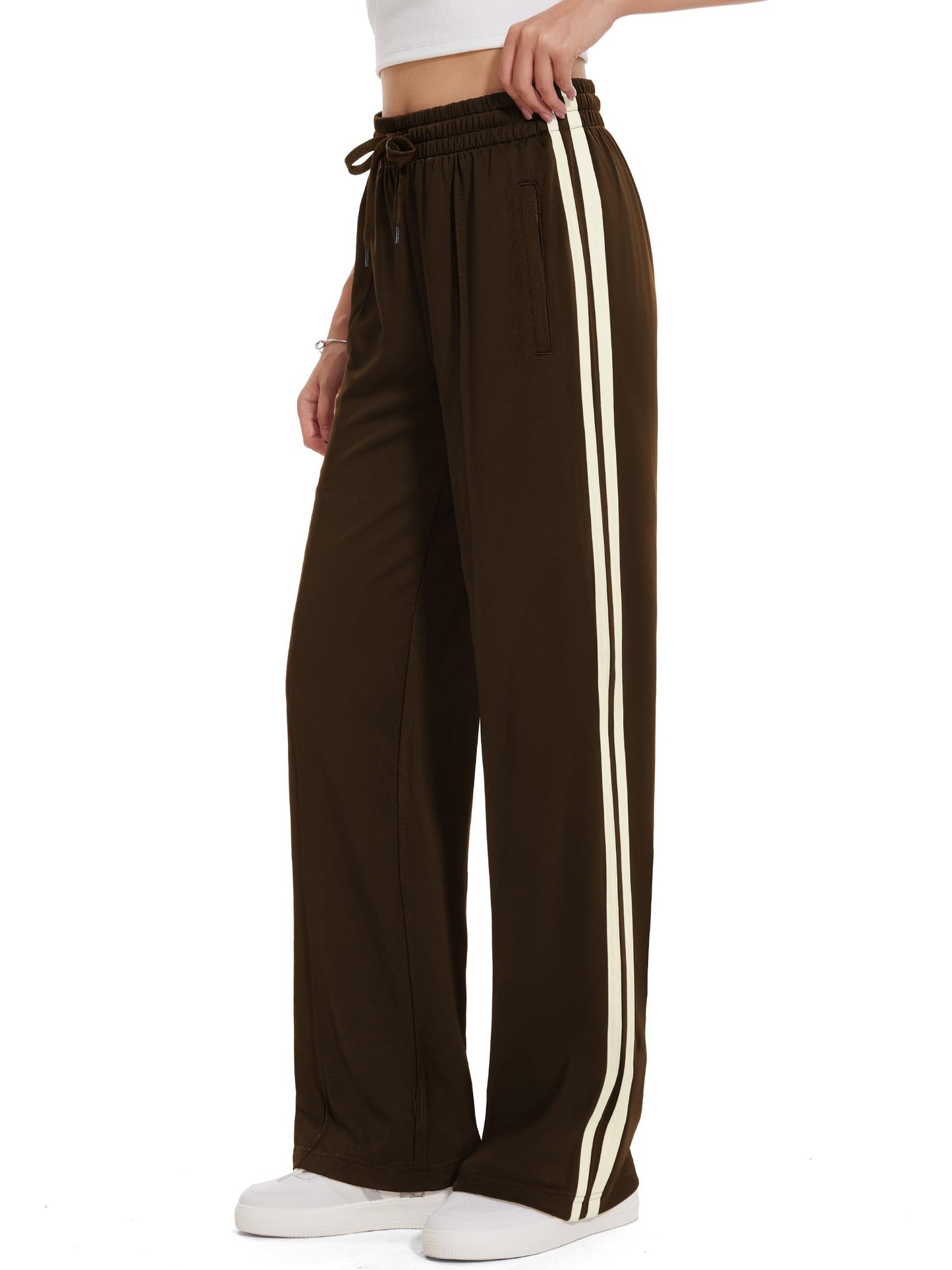 Tapata Tall Womens 34" Inseam Track Pants Relaxed Fit Striped Workout Sweatpants Baggy Trousers with Zipper Pockets, Brown, XXL