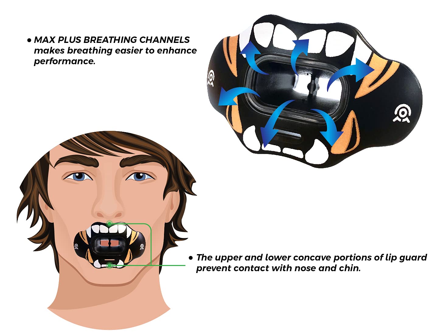 COOLLO SPORTS Lip Guard Mouthguard MAXX/Might Football and High Impact Sports Lip Protector for Adults & Youth (Strap Included) (Golden White Fangs -(One Layer), Without Case (Adult 8+))