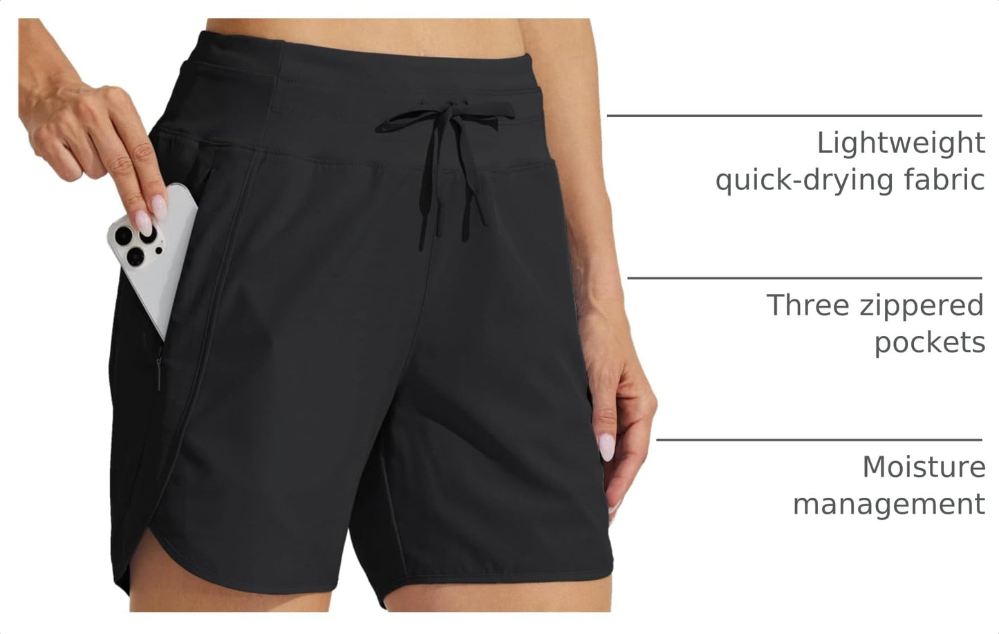 Willit Women's Athletic Running Shorts 5" Quick Dry Workout Hiking High Waisted Active Gym Exercise Zipper Pocket Black L