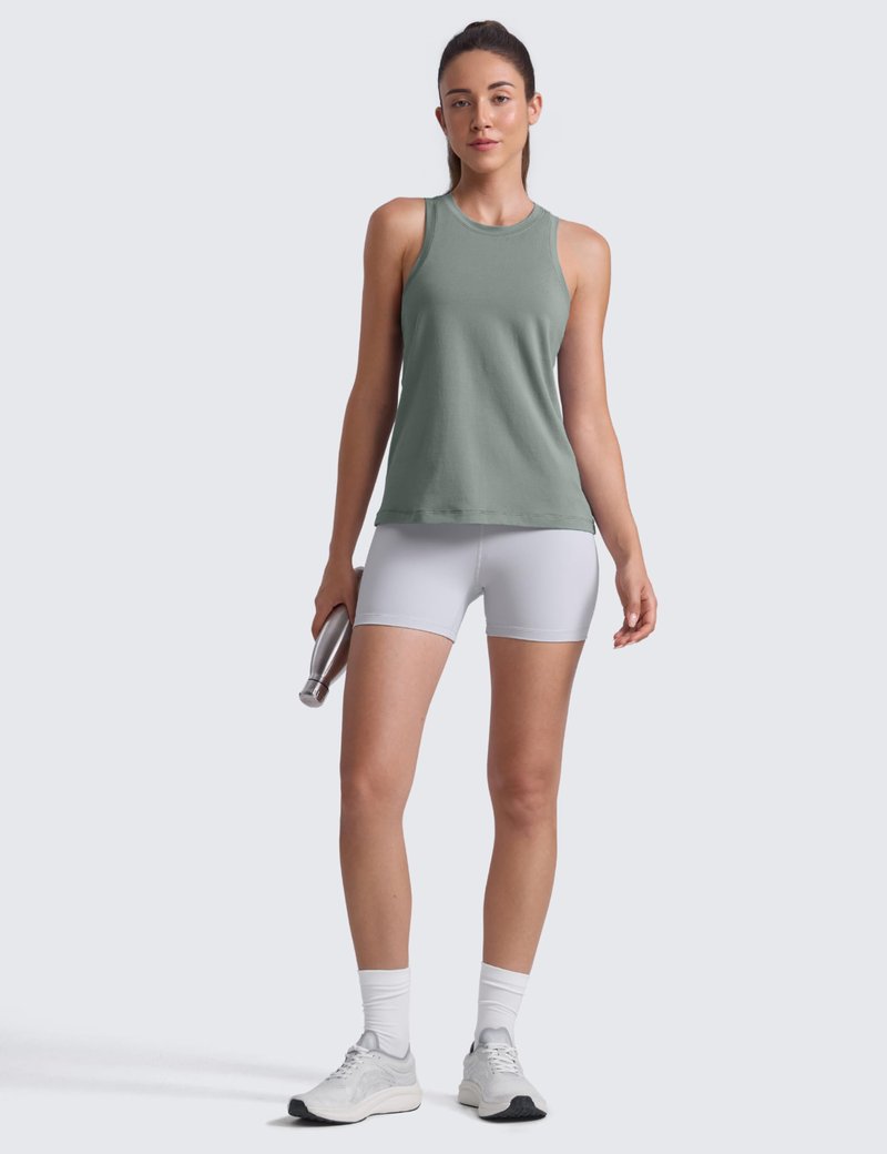 CRZ YOGA Cotton-Blend Workout Racerback Tank for Women Athletic High Neck Breathable Tops Casual Basic Sleeveless Shirts Grey Sage Medium
