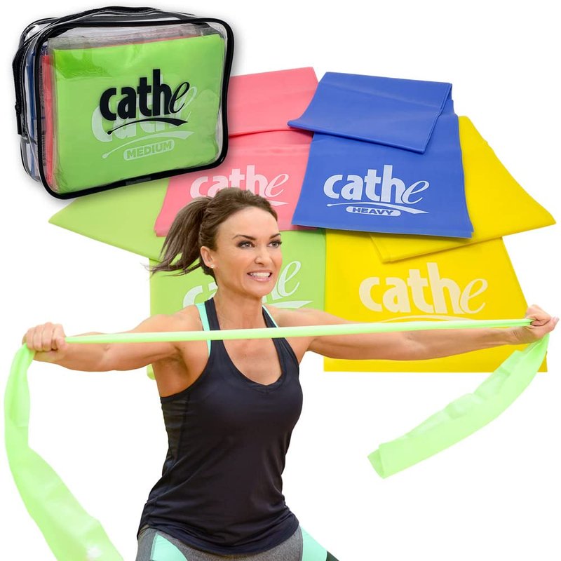 Cathe TPE 6ft Elastic Stretch Resistance Bands Set • Latex Free Exercise Resistance Band Set of 4 Elastic Bands for Exercise with Travel Carry Case • Resistance Bands for Women and Men