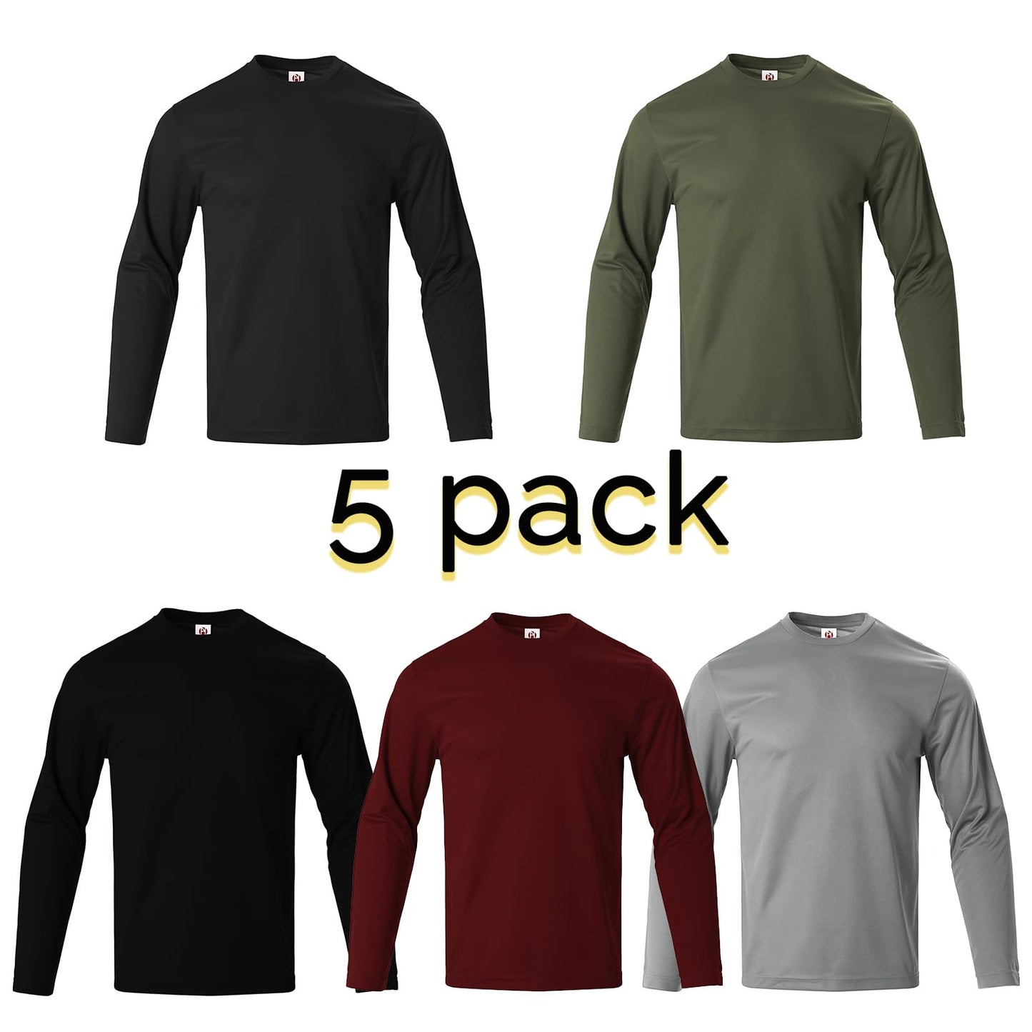 Facitisu 5 Pack Mens Long Sleeve T-Shirts Casual Crew Neck Tee Shirt Summer Soft Running Swimming Cycling Fishing Tops