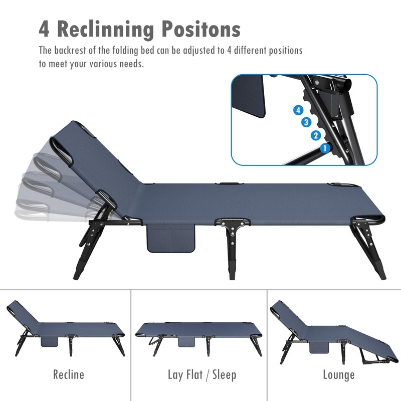 ATORPOK Folding Camping Cot for Adults with Padded Mattress and Pillow, Adjustable Reclining Lounger Sleeping Cot Bed, Ideal for Camping, Travel, Garden, or Office Use, Blue