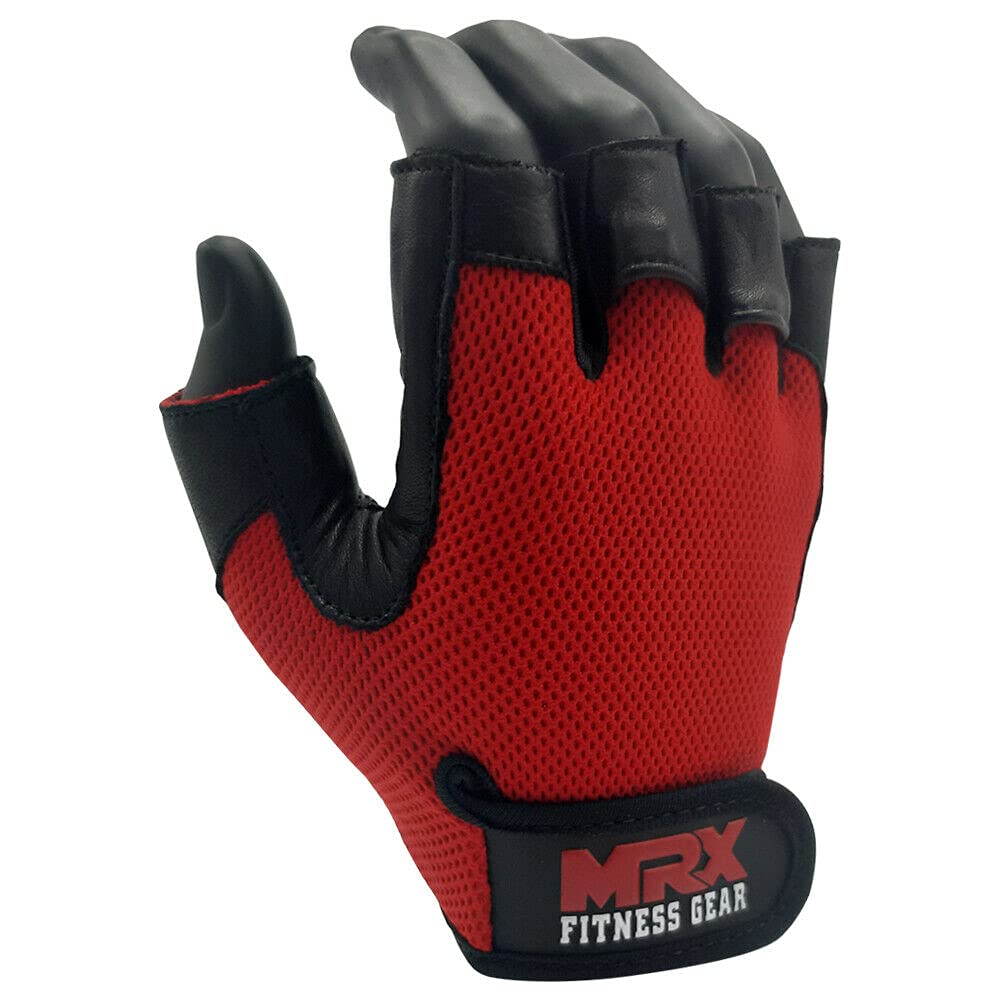 Weightlifting Gloves Leather Palm Grip Half Finger Body Building Gym Glove for Exercise Training Fitness Workout Men Women Lifts Made Spandex Materials, Red, Medium