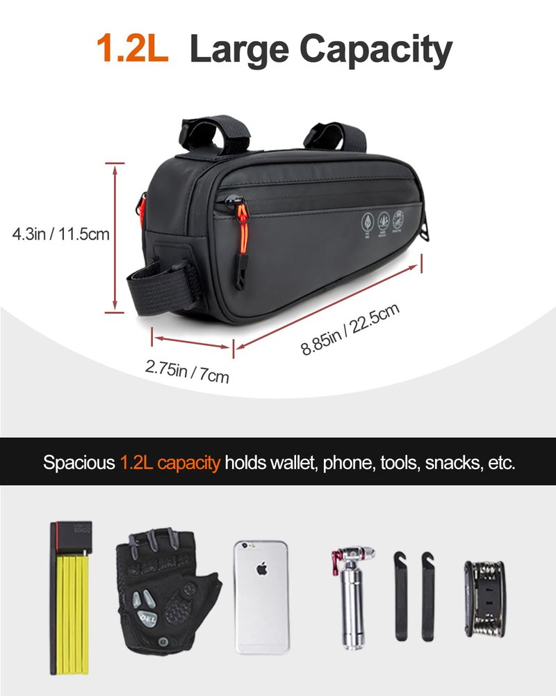Danuosie Bike Frame Bag, Water Resistant Bicycle Triangle Pouch with 2 Side Pockets, 3-in-1 Under Seat Storage Top Tube Pack for MTB Mountain Road Commuter Bikes, 1.2L
