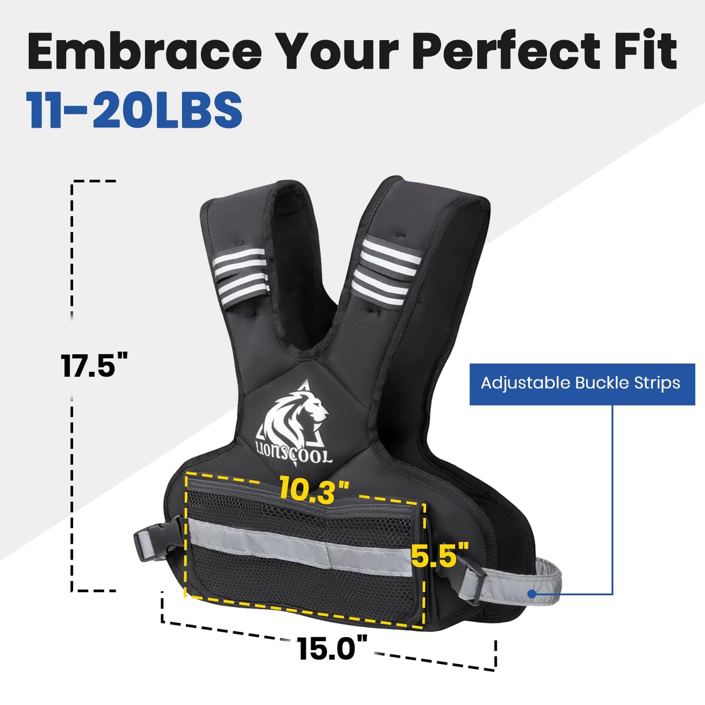 LIONSCOOL Weighted Vest for Men and Women, 4-10LB/11-20LB/20-32LB Adjustable Body Weight Vest with 6 Ironsand Weights & Reflective Stripes for Weight loss, Walking, Running, Cardio and Strength Training