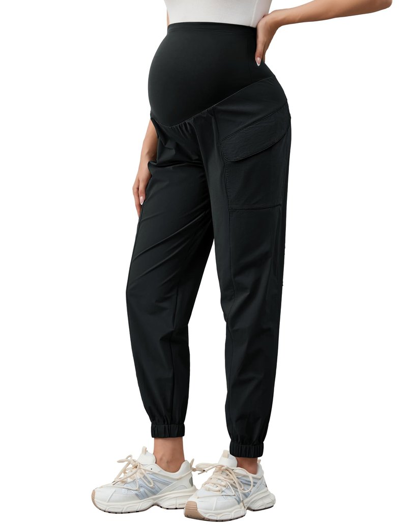 PACBREEZE Women's Maternity Cargo Joggers Quick-Dry Hiking Pants Active Outdoor Casual Pregnancy Sweatpants (Black, Medium)
