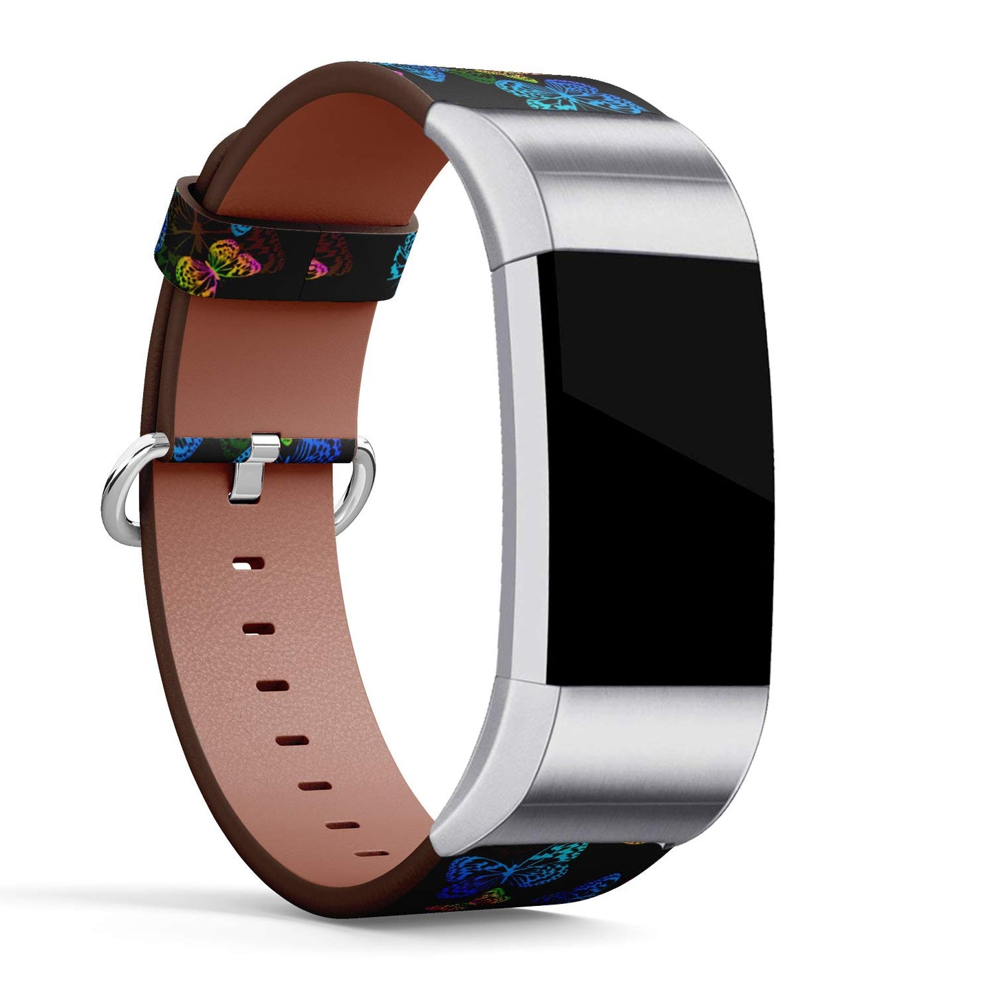Compatible with Fitbit Charge 2 - Leather Wristband Bracelet Replacement Accessory Band (Includes Adapters) - Flying Multicolored Butterflies On Black