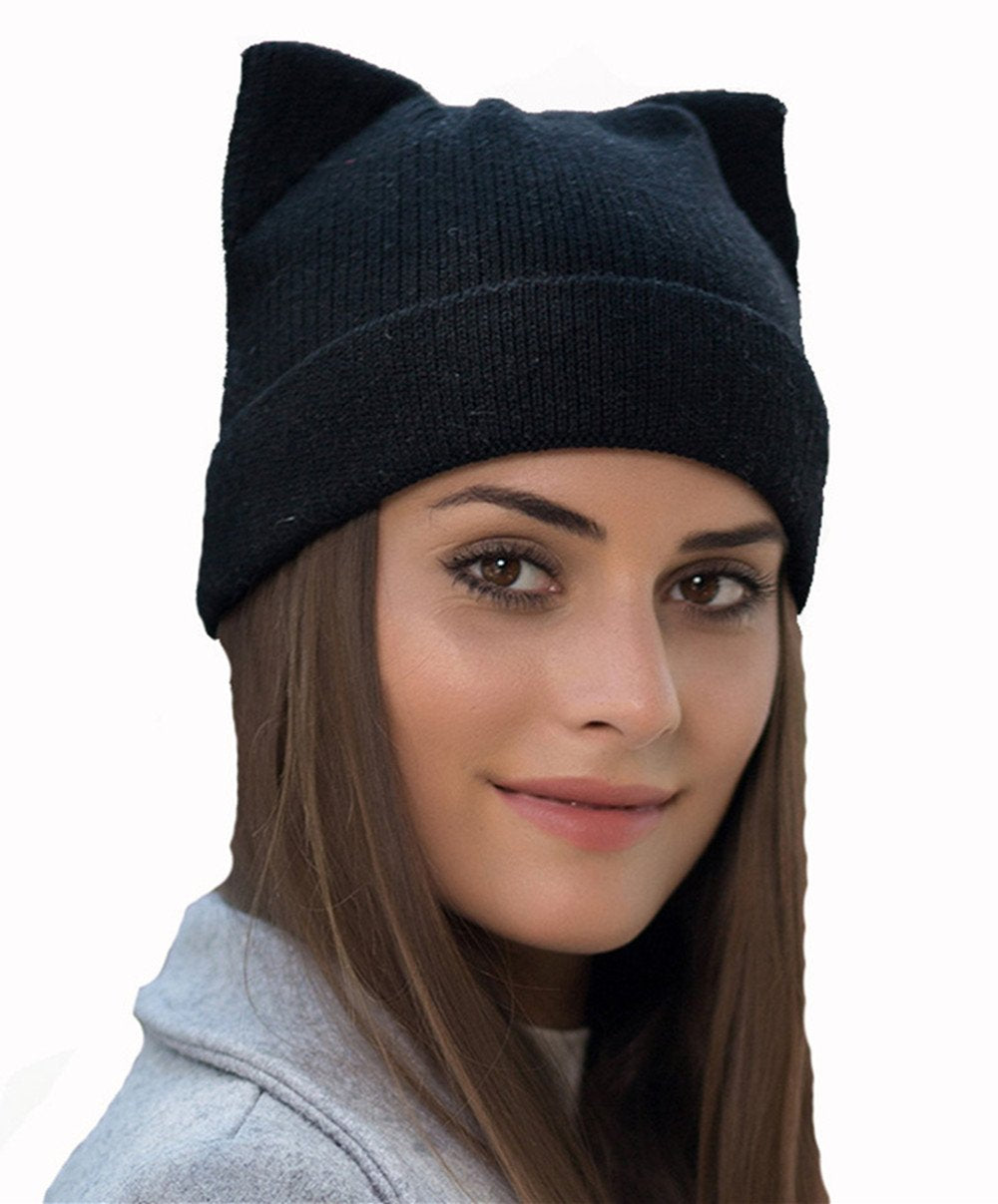 Women Cat Ear Beanie Hat WoolBraided Knit Trendy Winter Warm Cap-black-2pcs