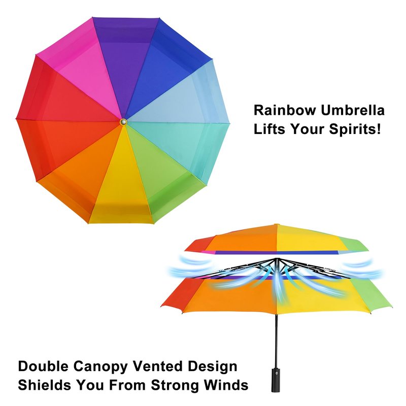 Lejorain Large Golf Umbrella Rainbow - Oversized 54inch Double Layer Windproof 10Ribs Folding Travel Umbrella Compact Auto Open Close for Rain Women/Men