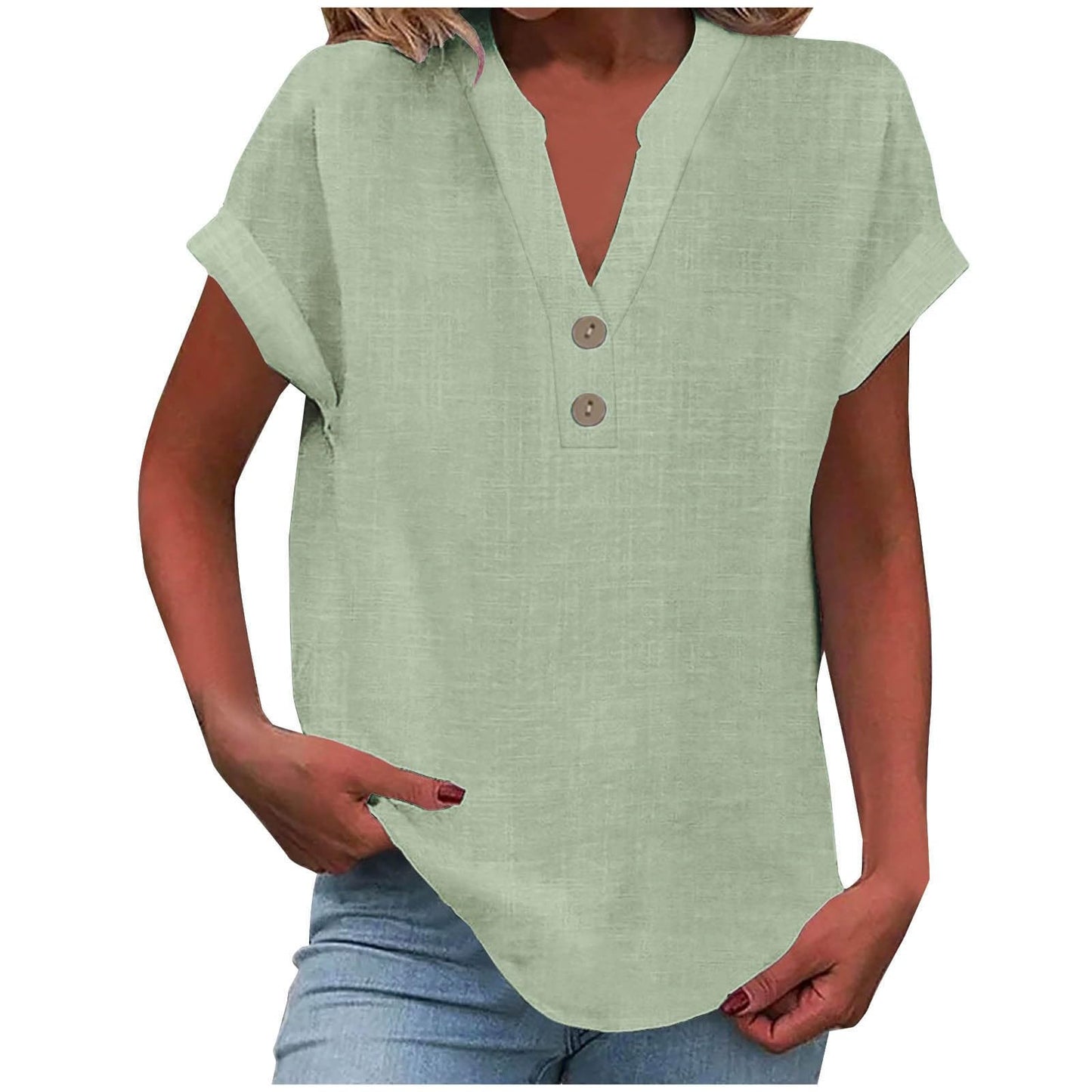 Linen Shirts for Women Cotton Button Up Shirt Short Sleeve Roll Up Loose Fit V-Neck Summer Casual Work Blouse Tops Green