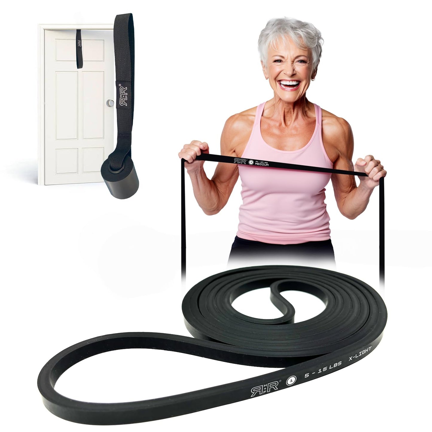 RR H+F Light Resistance Bands for Physical Therapy with Workout Videos - #1 X-Light (5-15lbs) with Door Anchor - Exercises for Seniors - Long Resistance Bands for Women