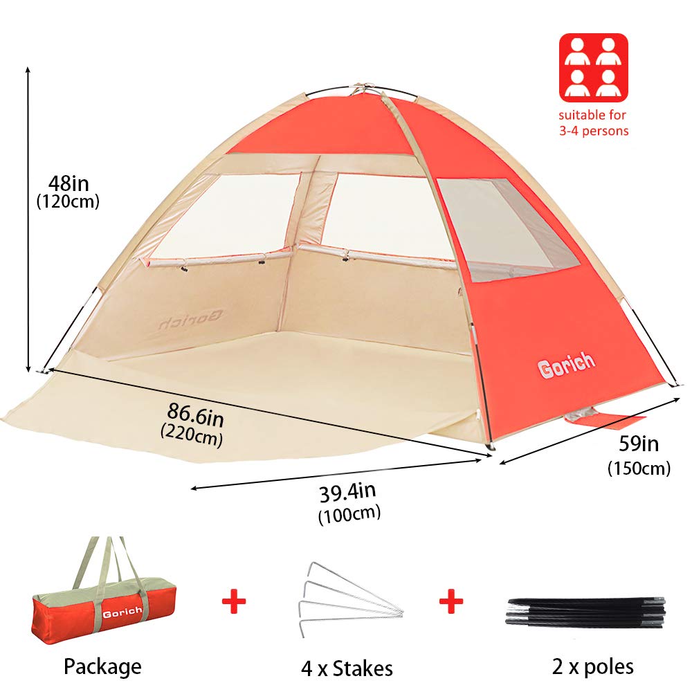 Gorich Beach Tent Sun Shelter for 3/4-5/6-7/8-10 Person with UPF 50＋ UV Protection, Lightweight & Easy Setup Beach Shade Canopy, Portable Beach Shade Tent Beach Cabana