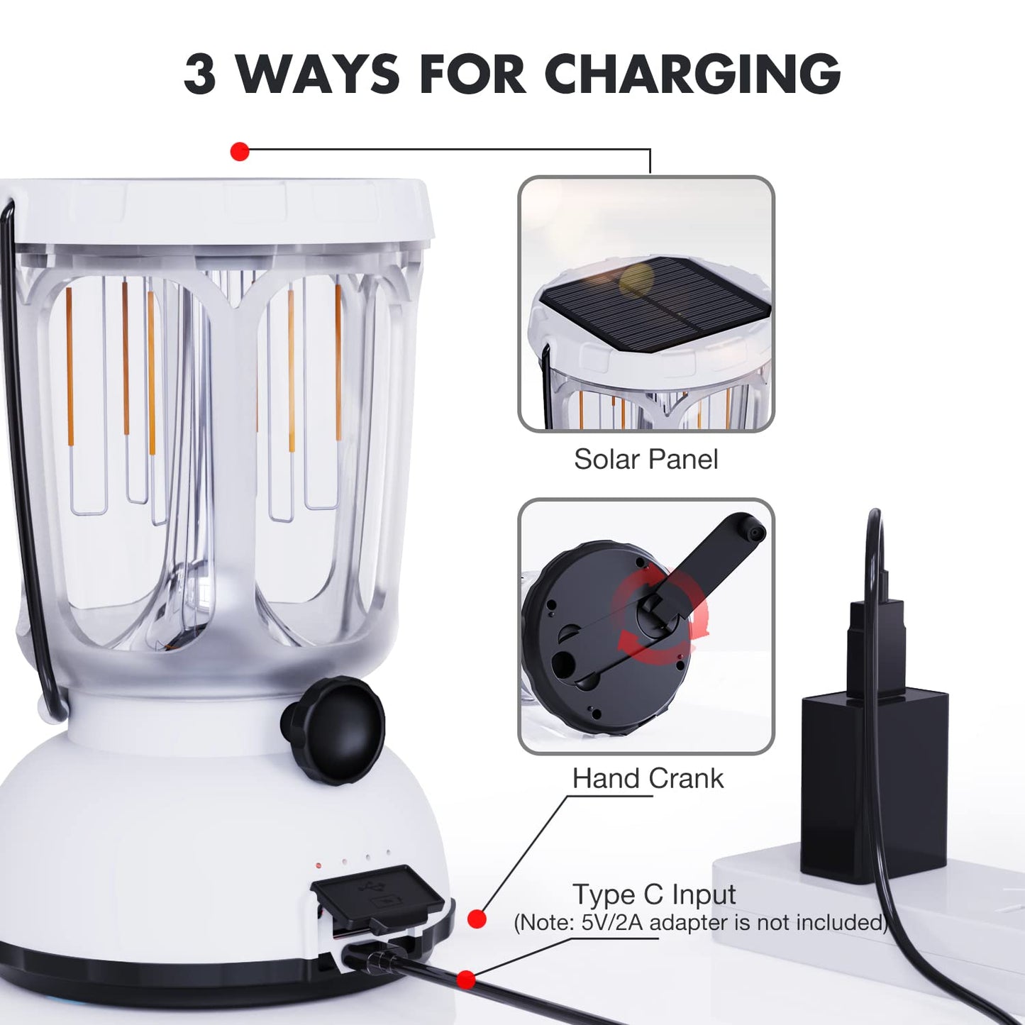 3-in-1 Power LED Camping Lantern, Rechargeable Solar Lantern with Hand Crank Emergency Light 650LM, 6000mAh Phone Charger, 200 Hours for Hurricane, Outage, Survival Kit