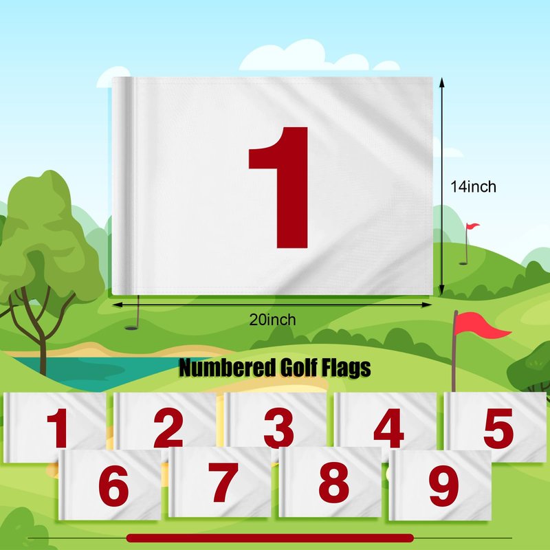 Oudain 9 Pieces 20''L x 14''H Large Numbered Golf Flags with Tube Inserted Oversize Putting Flags Number 1-9, 420D Nylon Flag for Yard Indoor Outdoor Backyard Garden(White)