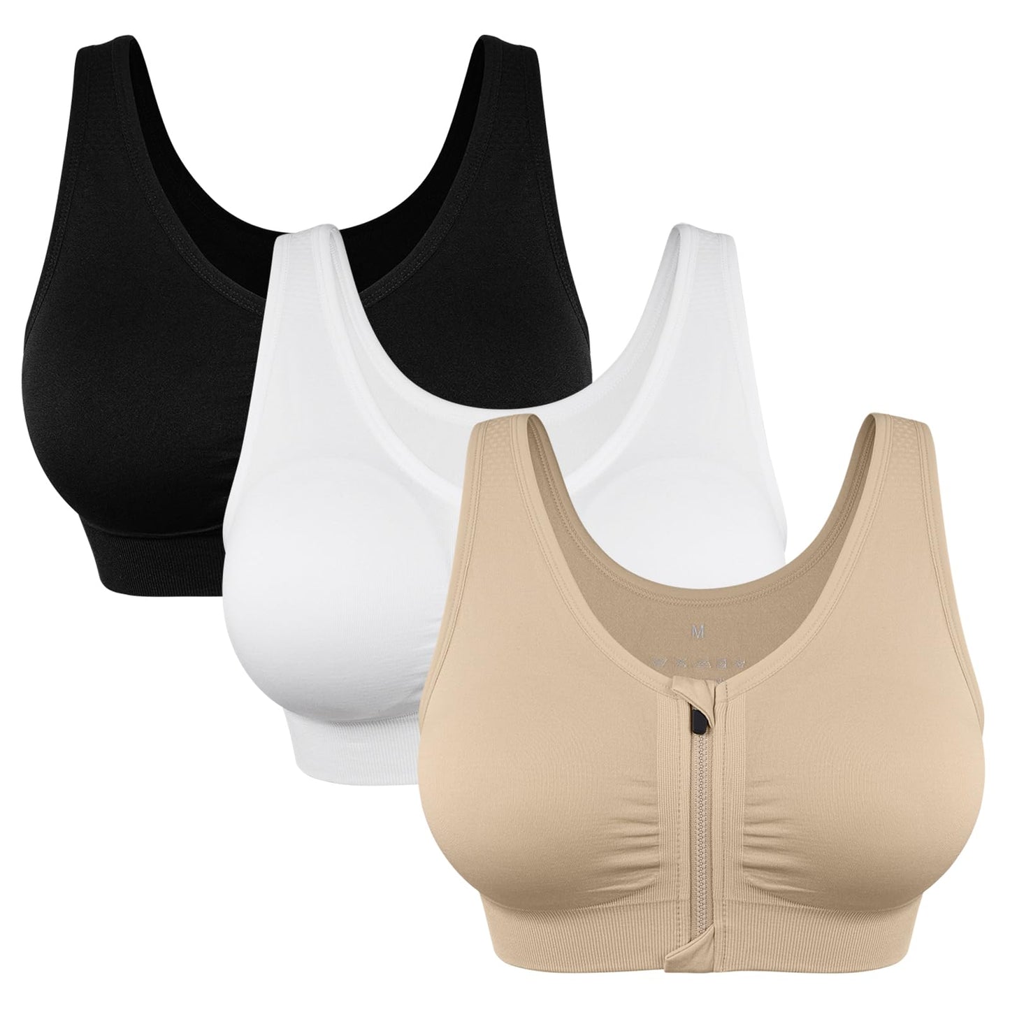 WANAYOU Women's Zip Front Sports Bra Wireless Post-Surgery Bra Zipper Closure Bras Padded Surgical Bra Racerback Workout Bras Zipped Yoga Sports Bras Active Bras Seamless Mastectomy Bra Post Op Bras