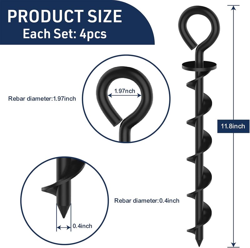 Heavy Duty Ground Stakes - Industrial Grade Spiral Steel Screw-In Anchors | 4 Pack with Bonus Tie-Down Ropes for Trampolines, Canopies, Outdoor Sheds - Black