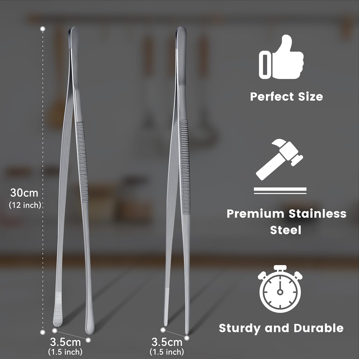 Kitchen Tweezers Stainless Steel Fine Kitchen Tongs for Cooking, Extra-Long Kitchen Tweezers Food Tongs, Set of 2-12inch