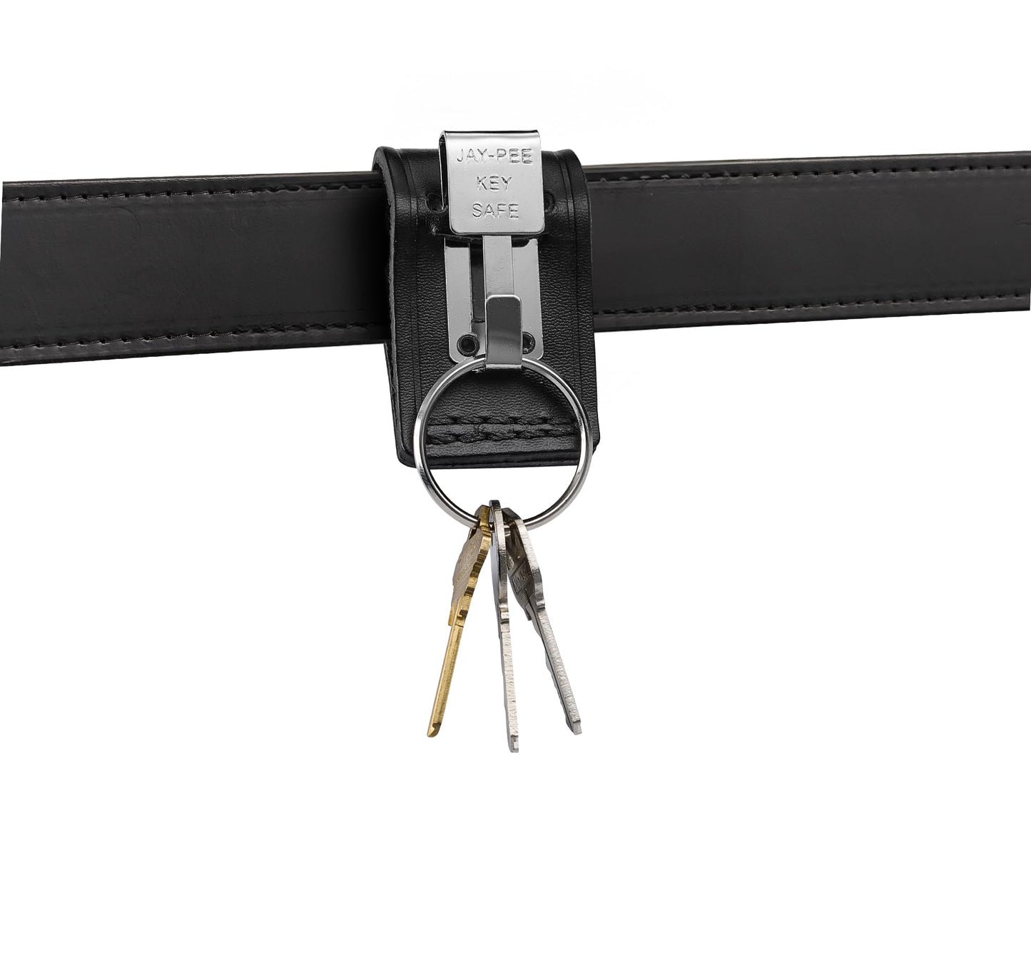 JAY-PEE Black Leather Duty Belt Key Holder, Officer Accessory, Law Enforcement Ring Carrier, Tactical Belt Loop Keychain Security with 1 Chrome Detachable Key Ring Safety Hook for up to 2.25" Belts