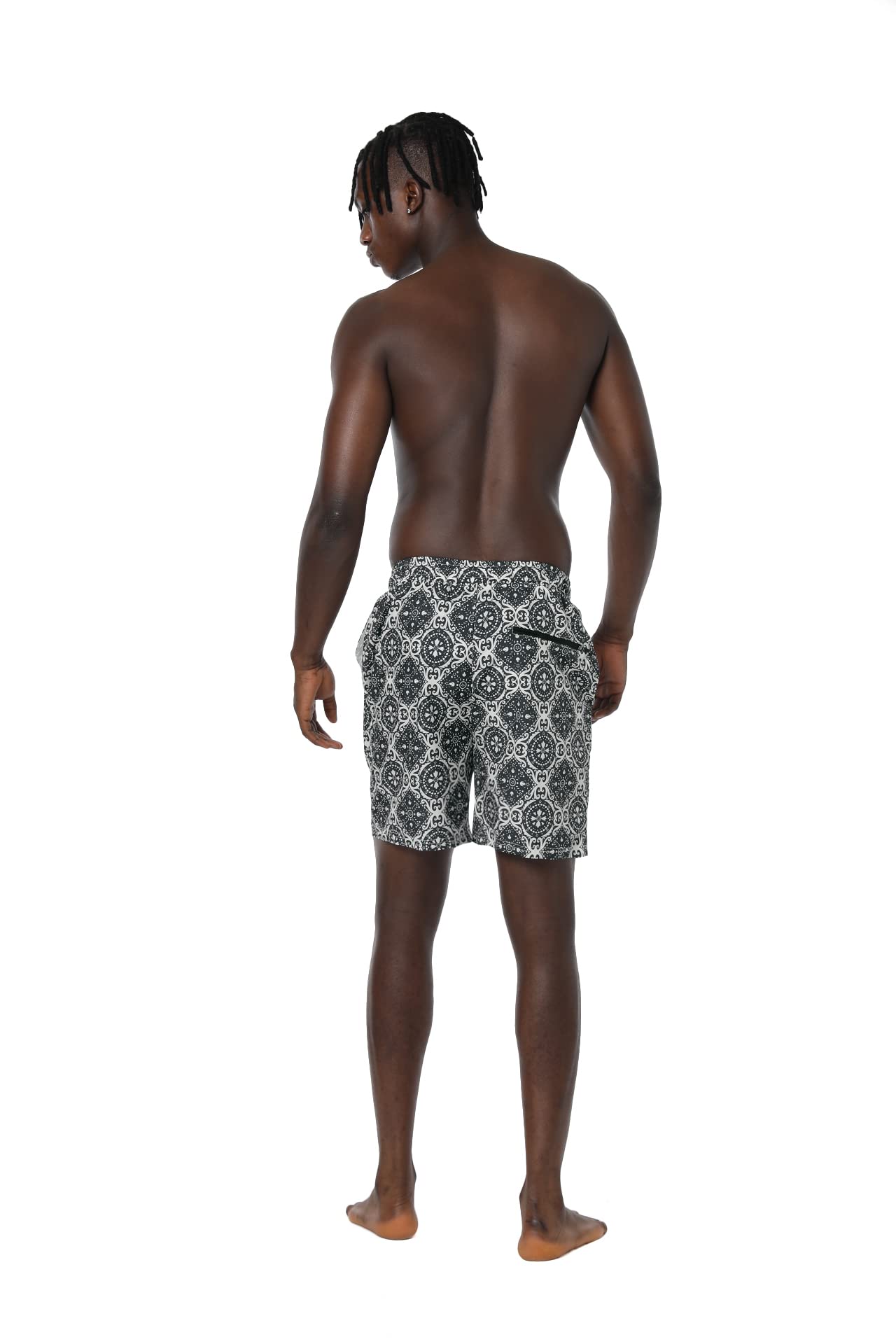 Ferriweel Men's Swim Trunks Quick Dry Swimwear Printed Beach Shorts with Compression Liner Zipper Pocket Grey X-Large